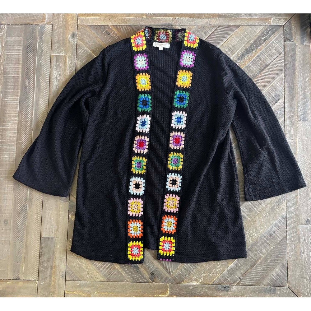 Rebellion Again Black Crochet Granny Square Trim Open Front Cardigan Sweater L